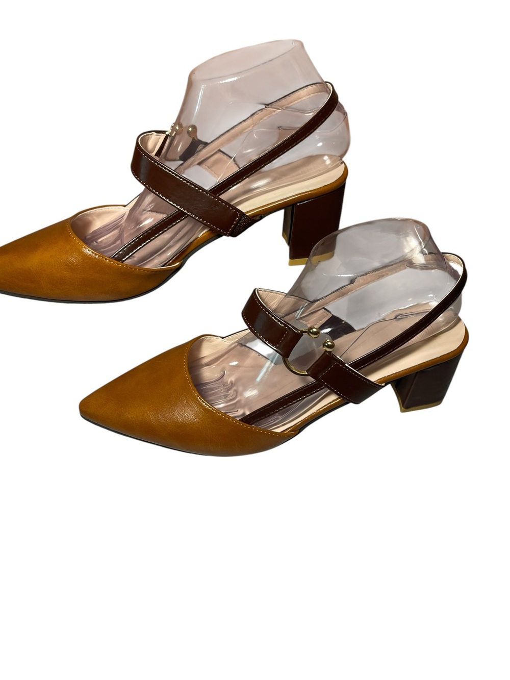Women's Pointed Toe Block Heel Slingback in Mustard and Brown